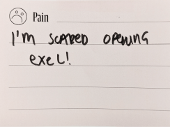 A handwritten workshop note saying "I’m scared opening Excel!"