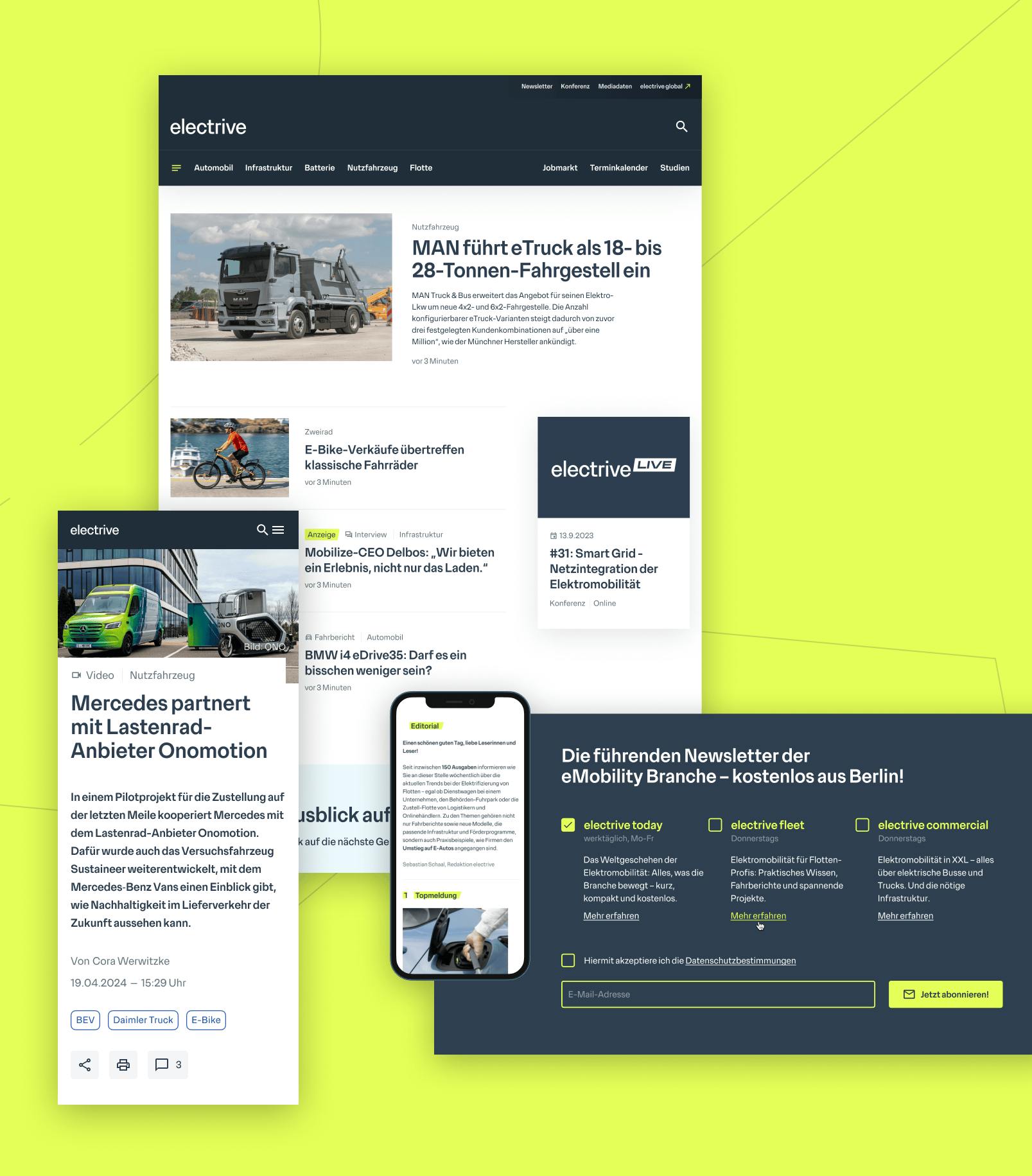 Screenshots of the new electrive web and newsletter designs