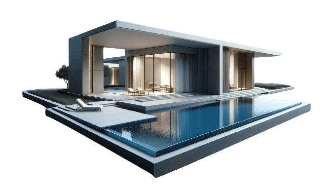 The model of a modern home with a swimming pool
