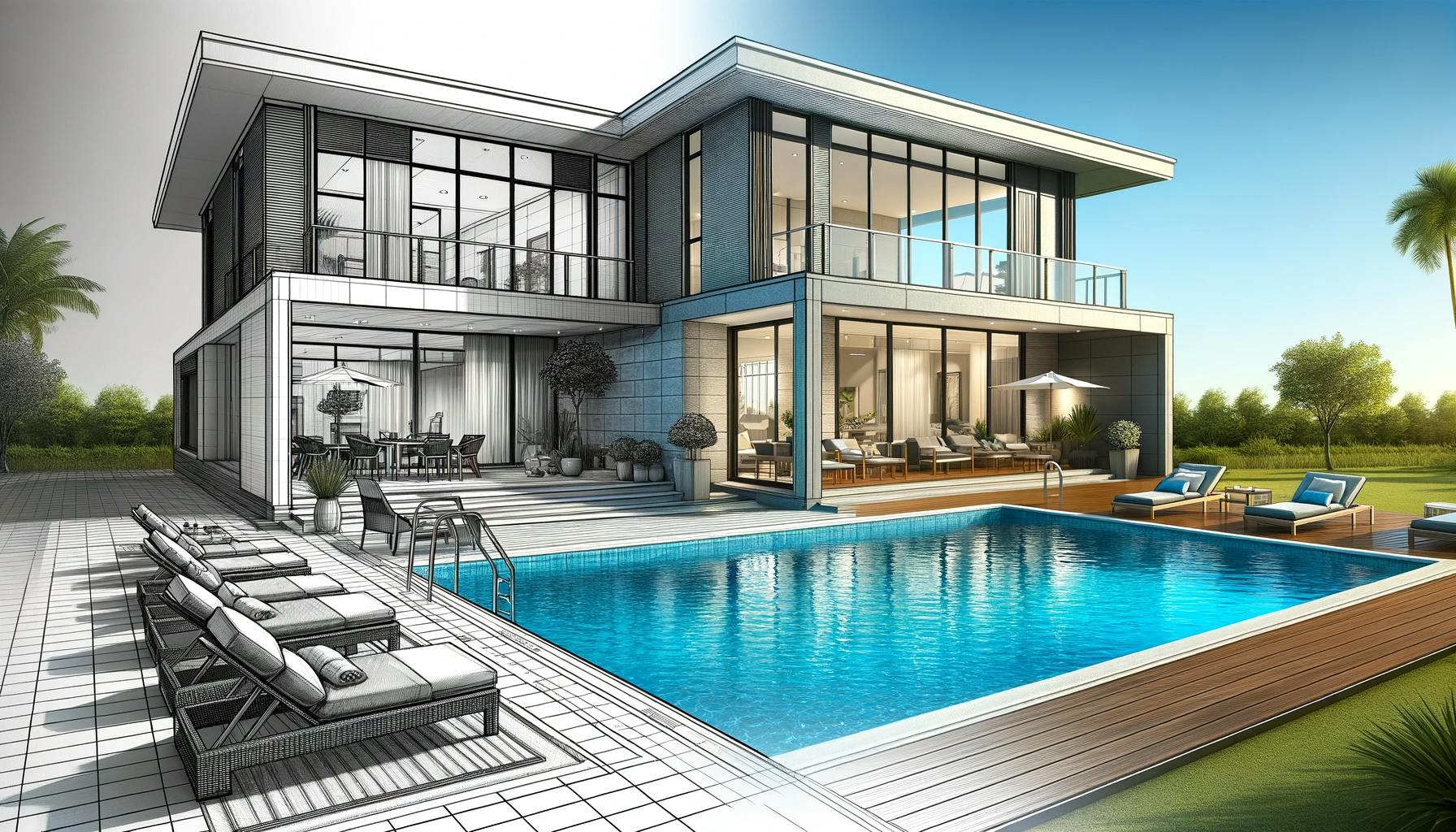 A modern luxurious home with a big swimming pool where half the picture looks like a sketch and the other half is normal