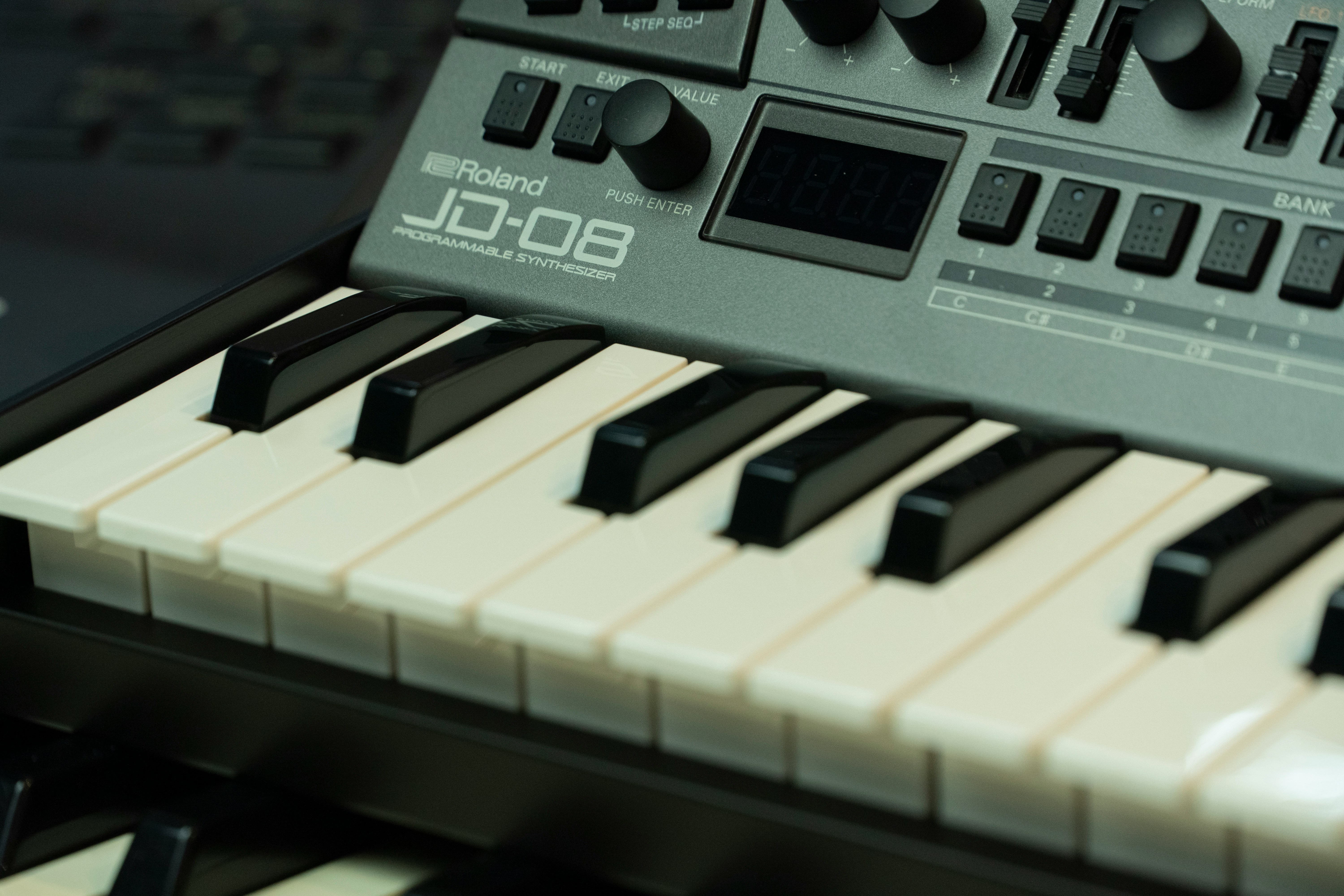 A close-up of a synthesizer