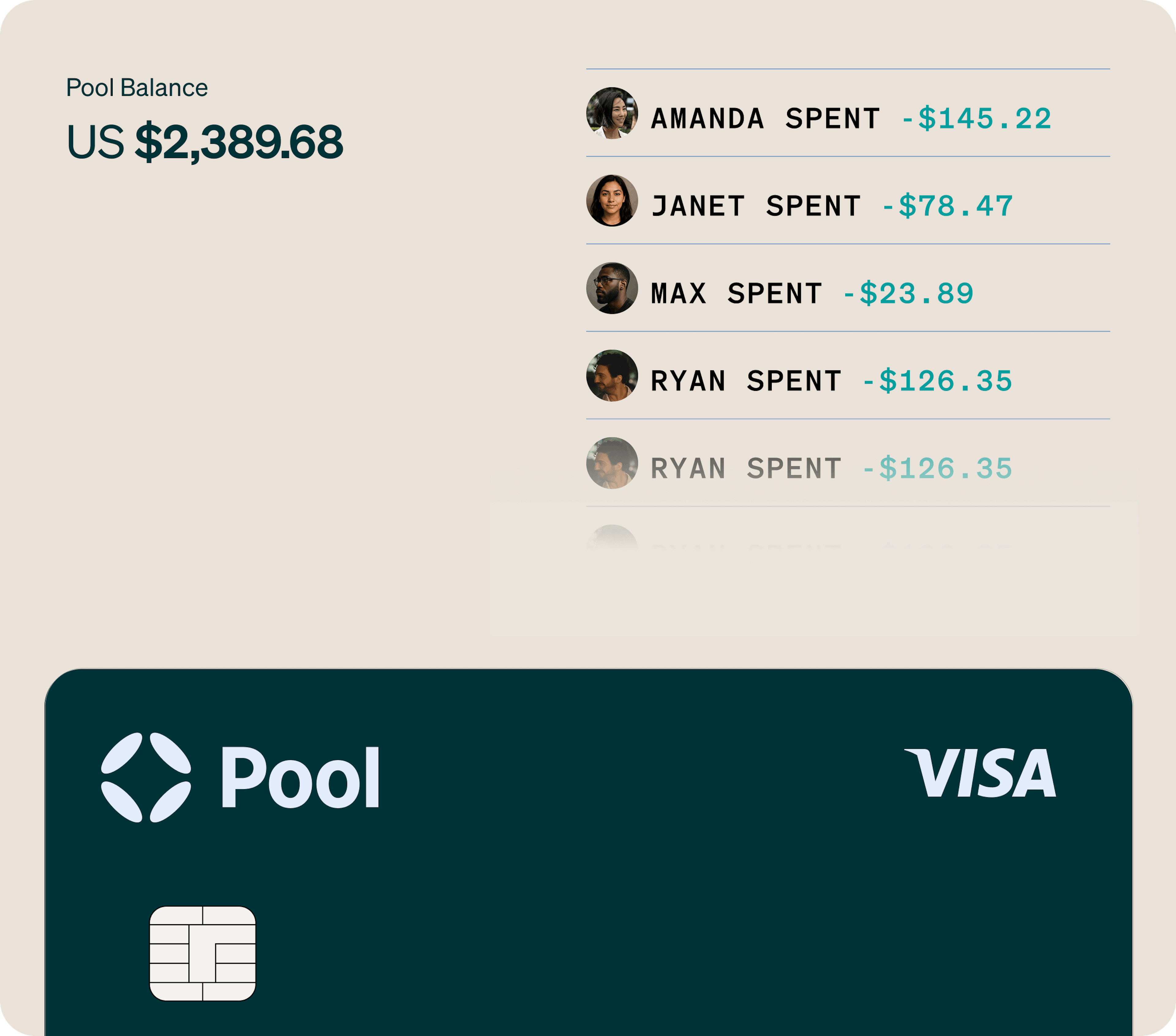 Pool debit card with transactions visualization