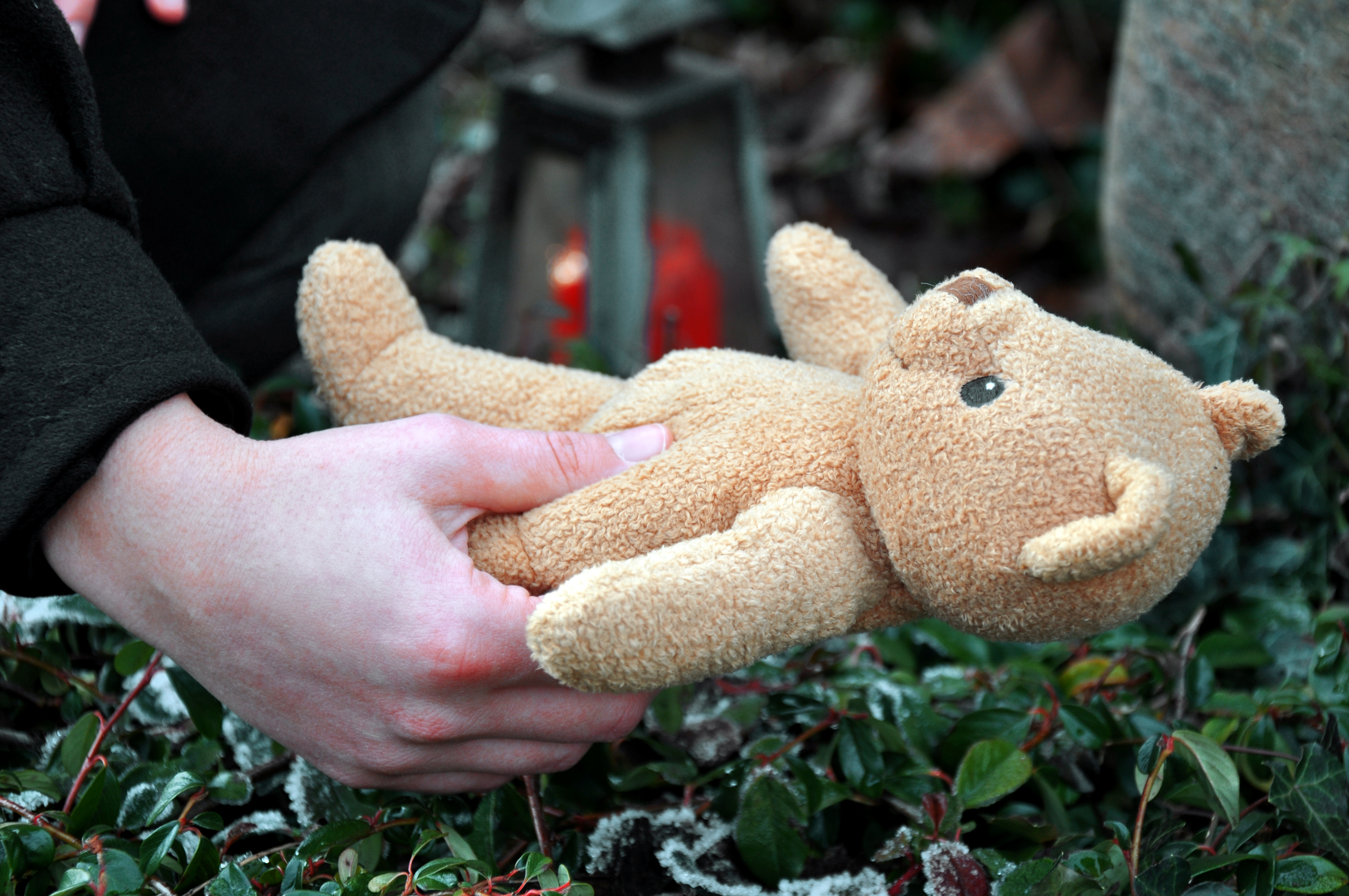 Poppy Walker Children's Celebrant. A woman's hand holds a child's teddy. The teddy is on it's back looking at the sky. There are blurred people and trees in the background. 