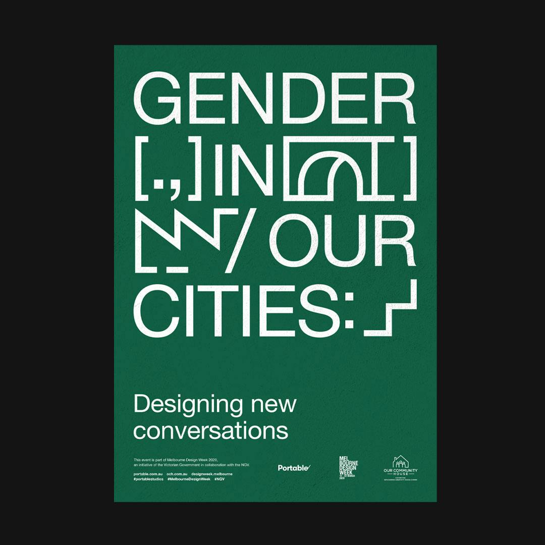 Gender in our Cities poster on black background with the subtitle 'Designing new conversations'