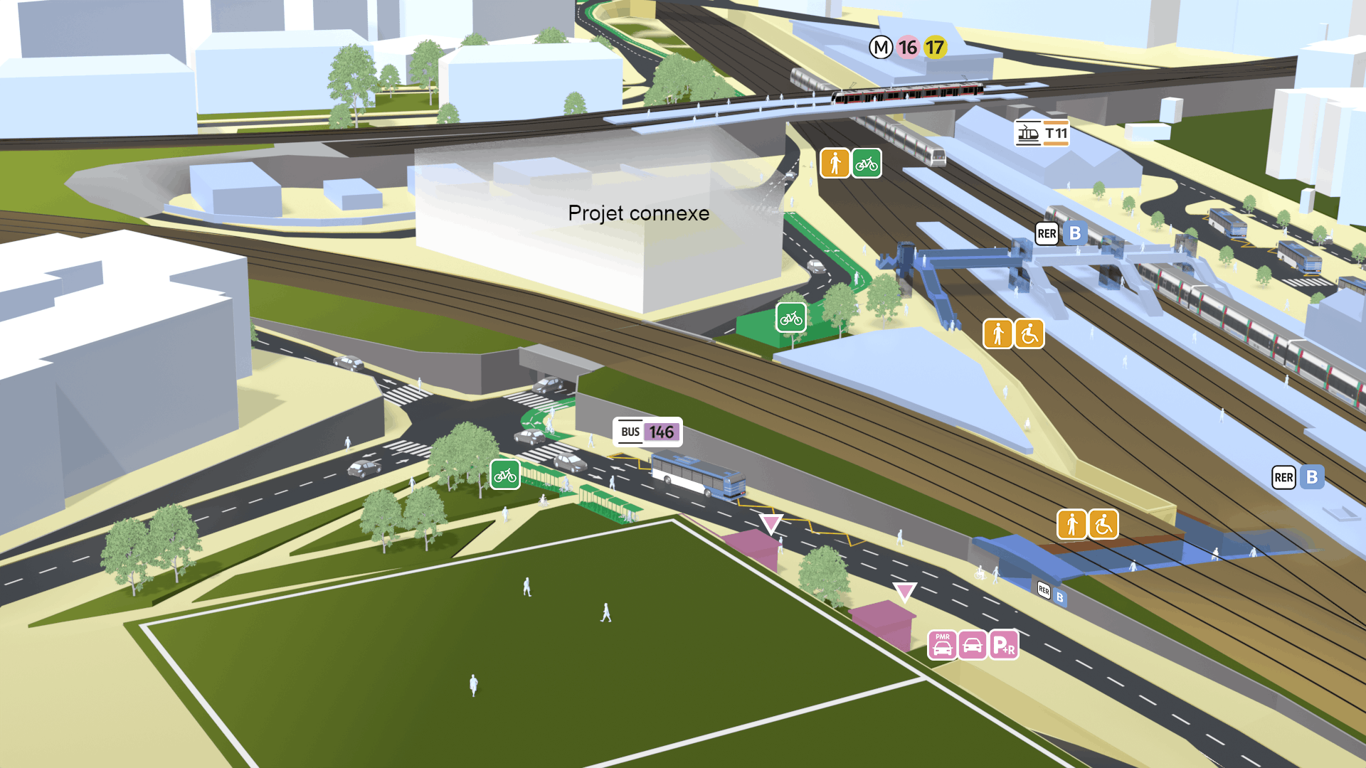 Scénario 2 : parking relais souterrain de deux niveaux avec la reconstitution du stade en surface qui permettrait de laisser place à un projet immobilier à définir par la ville de Drancy dans le triangle ferroviaire