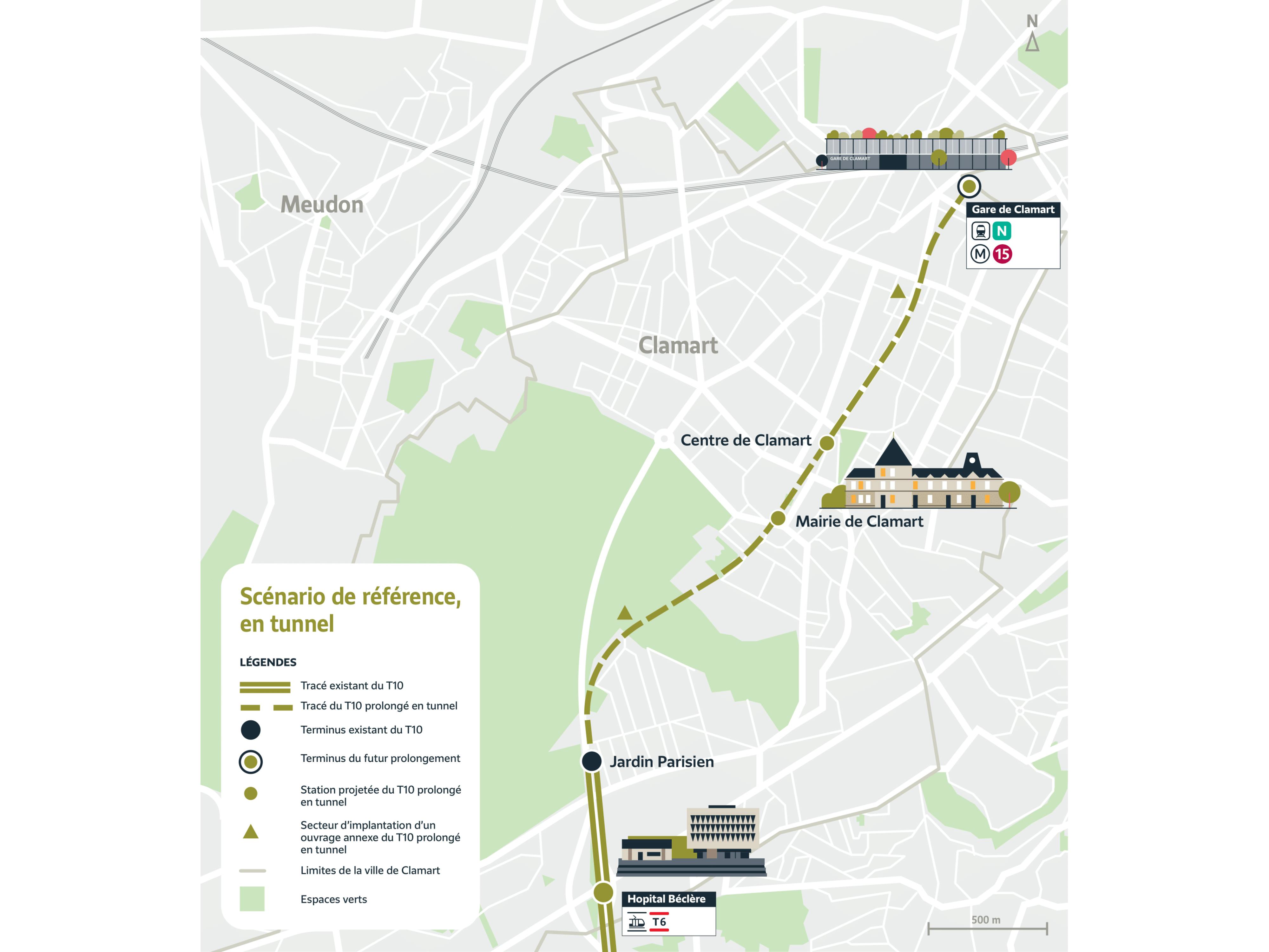 Plan du projet de prolongement du tram T10 à Clamart selon le scénario en tunnel retenu à l’issue de la concertation préalable. Le tracé part de Jardin Parisien et dessert les stations Mairie de Clamart puis Centre de Clamart avant d'arriver à son terminus Gare de Clamart. 