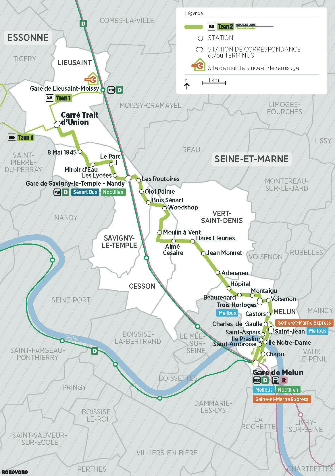 Le tracé commence à Lieusaint à la station Carré Trait d'union, en correspondance avec la Tzen 1. Il se poursuit ensuite à Savigny-Le-Temple avec 8 stations, à Cesson avec 3 stations et à Vert-Saint-Denis avec 3 stations également. Il se termine ensuite à Melun avec 11 stations, dont le terminus qui est la gare de Melun où des correspondances avec le RER D et le Transilien R. Par ailleurs, le tracé proposera de nombreuses correspondances avec le réseau de bus local.