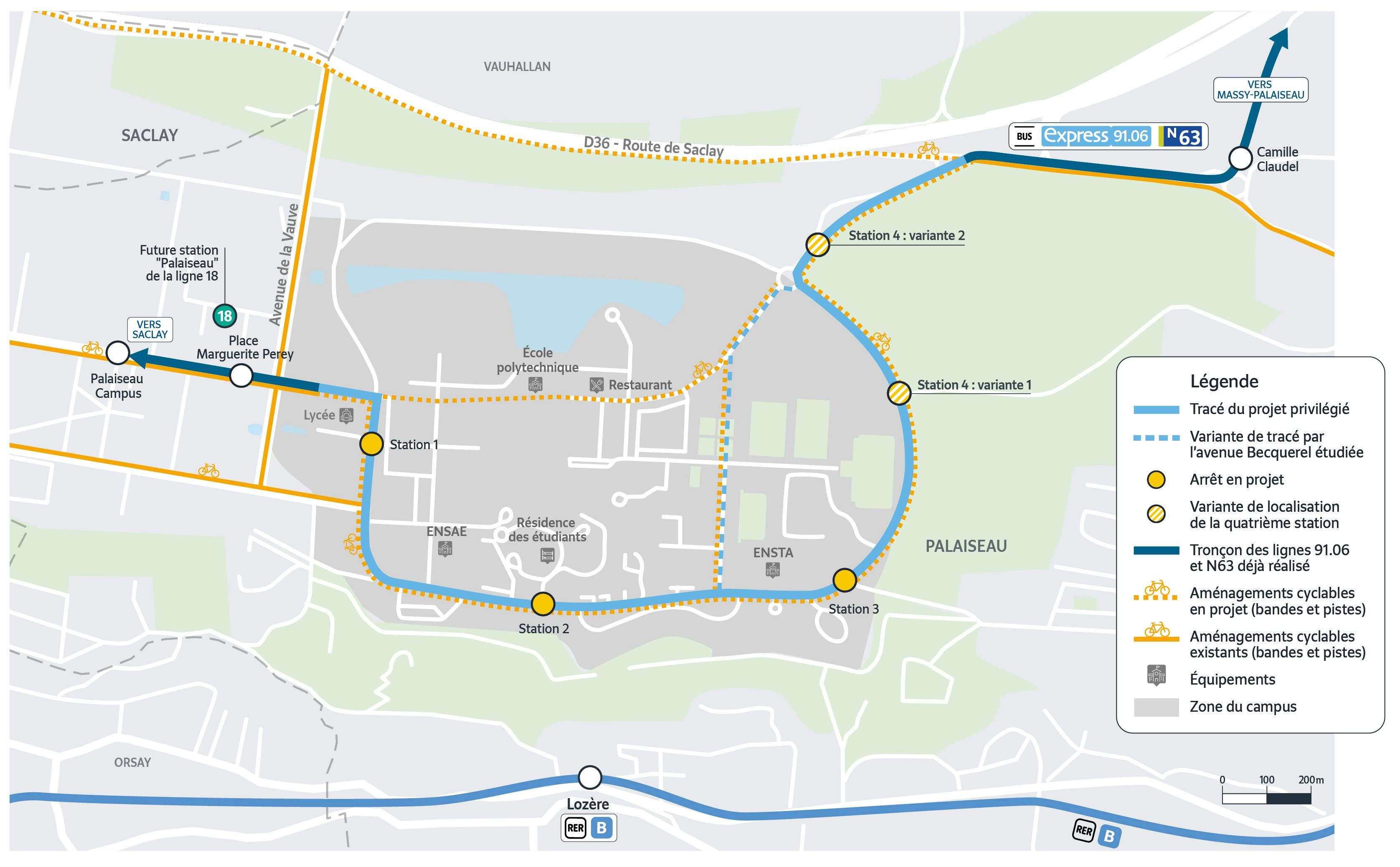 Die Karte zeigt die Route des Busprojekts 91.06 im Stadtteil Ecole Polytechnique in Palaiseau. Es handelt sich um die bestehende Route der Busse 91.06 und N63, die Route des bevorzugten Projekts und die Variante der untersuchten Route über die Avenue Becquerel. Die Karte zeigt auch die bestehenden Haltestellen sowie die beiden Varianten des vierten Bahnhofs. Es umfasst sowohl die bestehenden und geplanten Radanlagen als auch die verschiedenen Anlagen in der Umgebung.