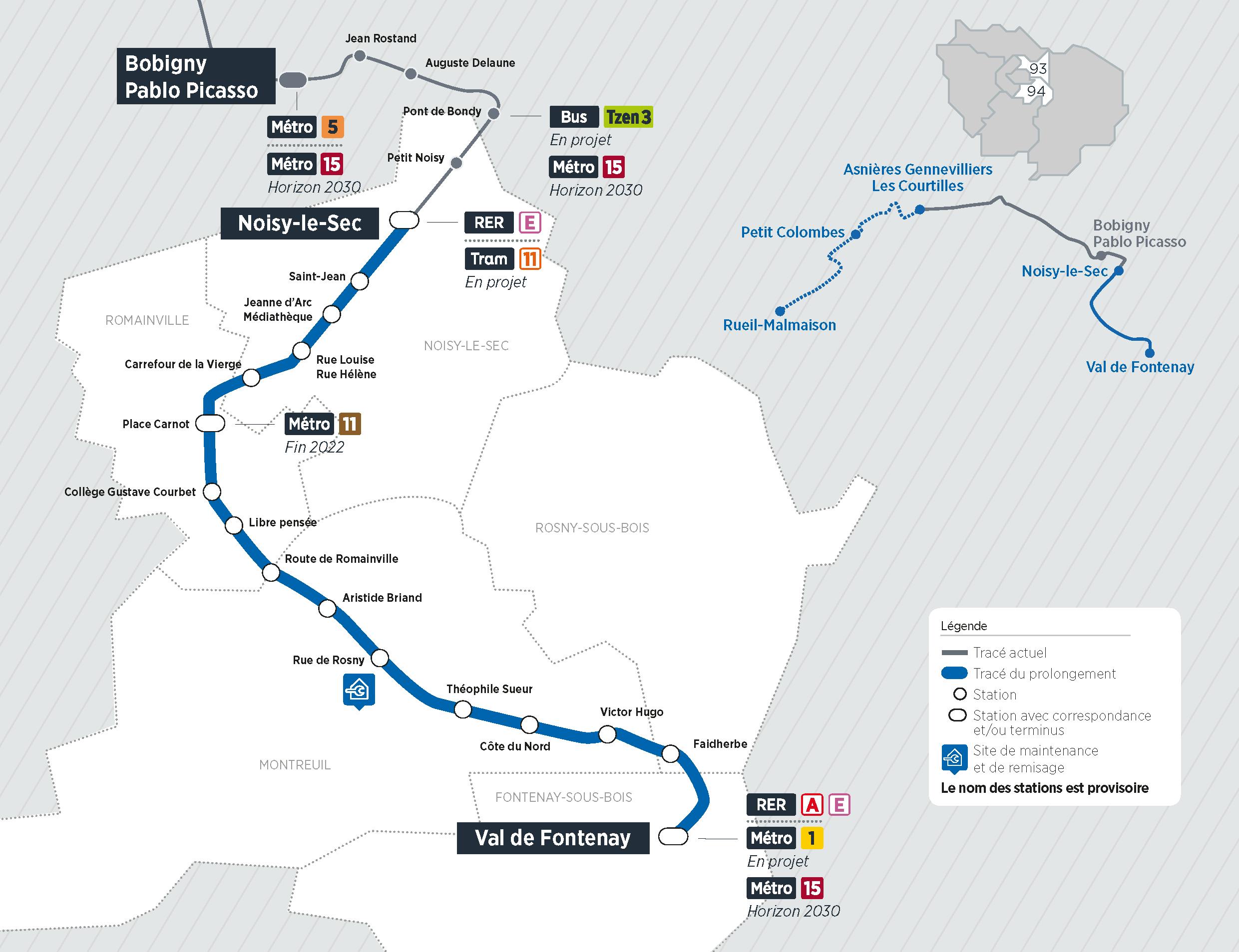 Plan du projet Tram ligne 1 Prolongement Noisy-le-Sec > Val de Fontenay