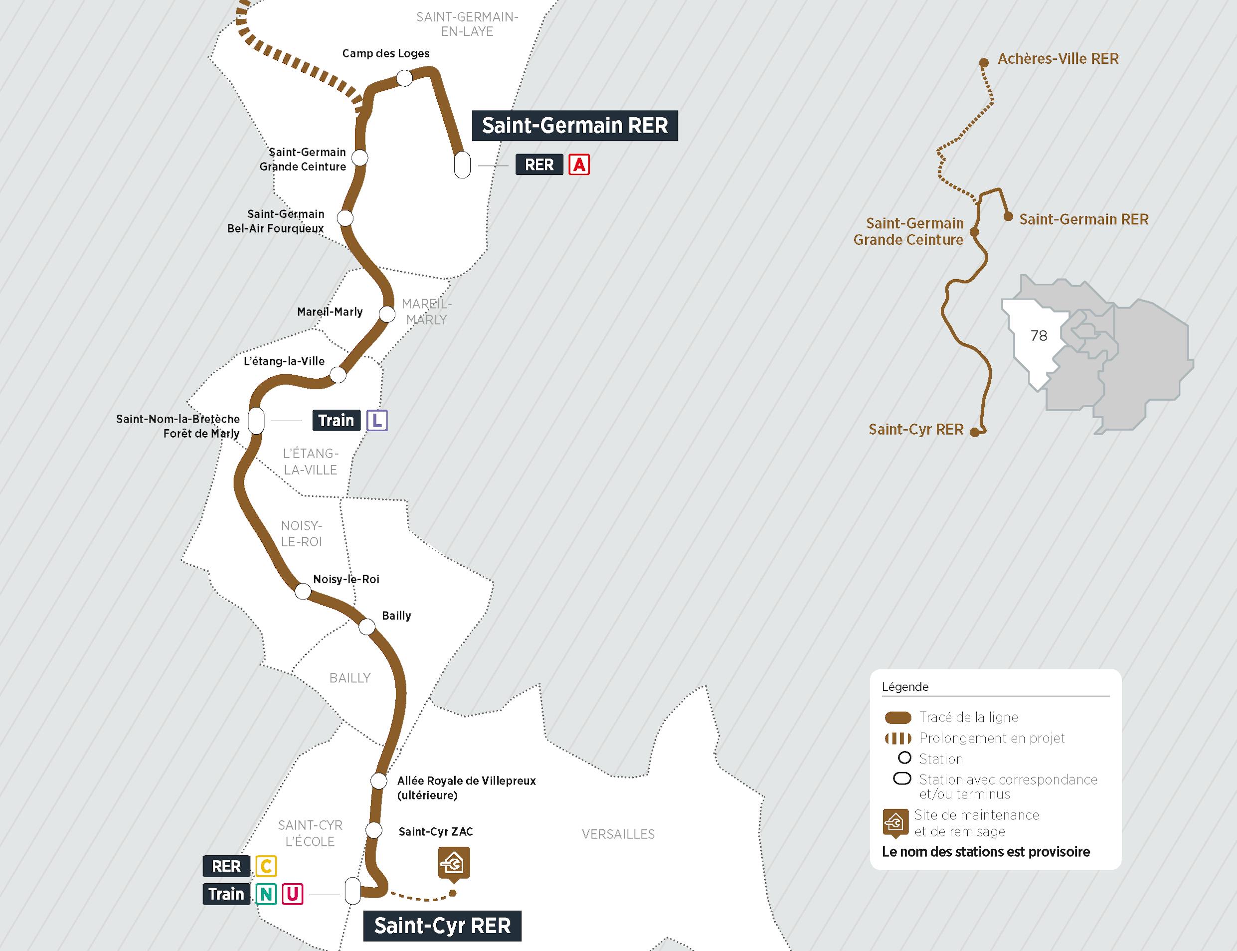 Plan du projet Tram ligne 13 Nouvelle ligne Saint-Cyr > Saint-Germain