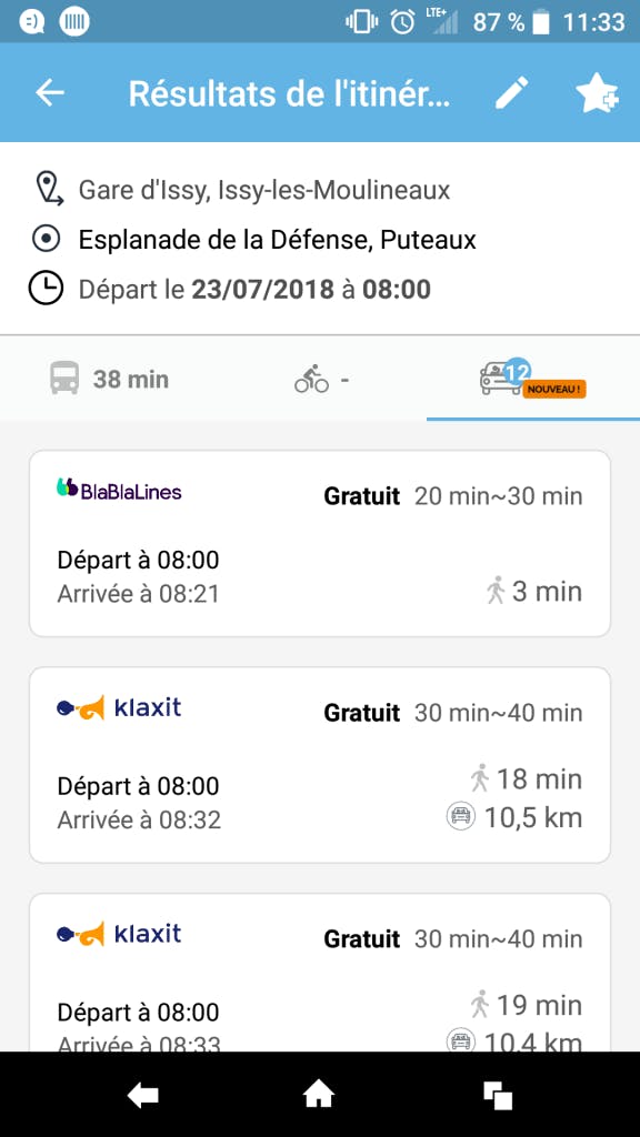 Type de recherche d'itinéraire sur l’application Vianavigo