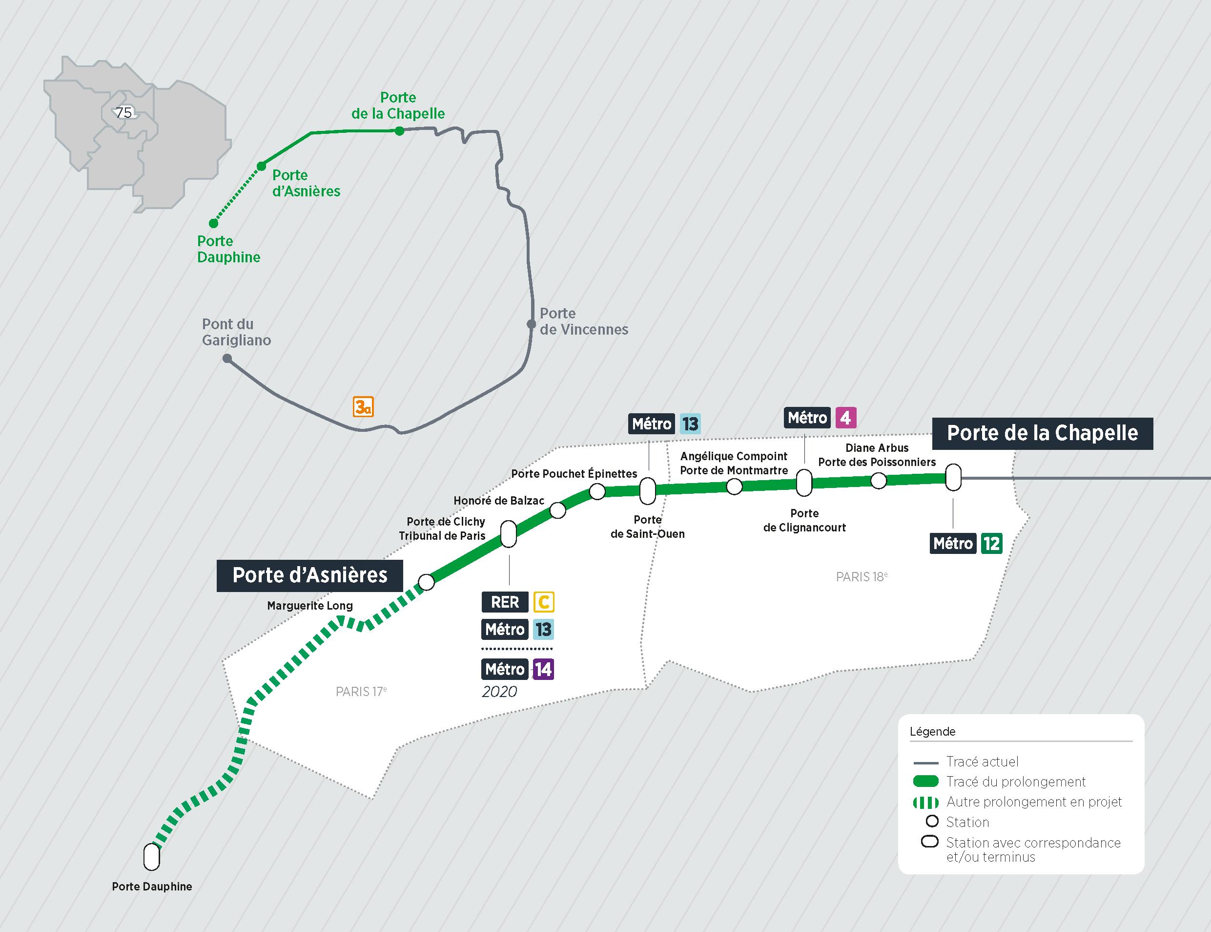 Plan du projet Tram ligne 3 b Prolongement Porte d'Asnières > Porte Dauphine