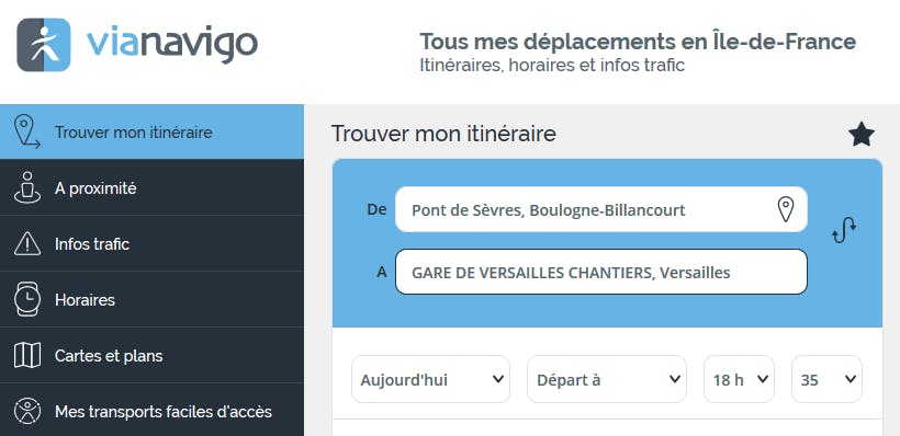 Etape 1 : Type de recherche sur Vianavigo
