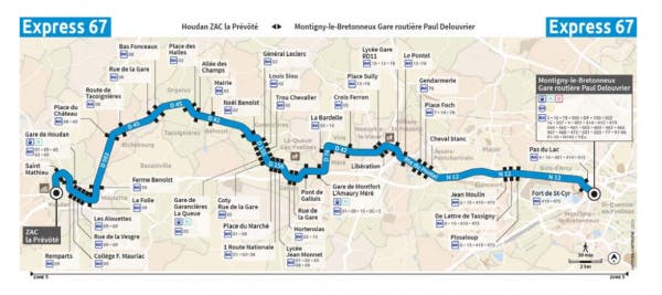 Tracé de la ligne bus Express 67 pour le renforcement