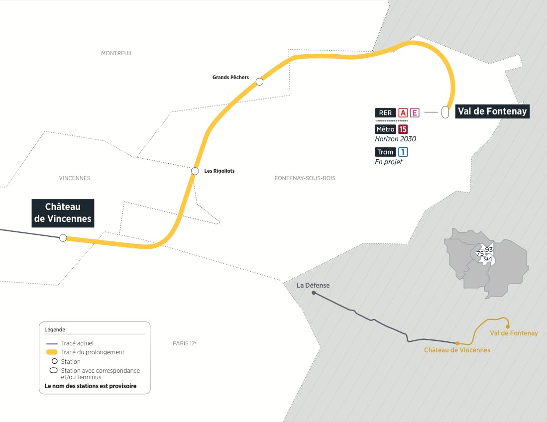 Plan du projet Métro ligne 1 Prolongement Château de Vincennes > Val de Fontenay