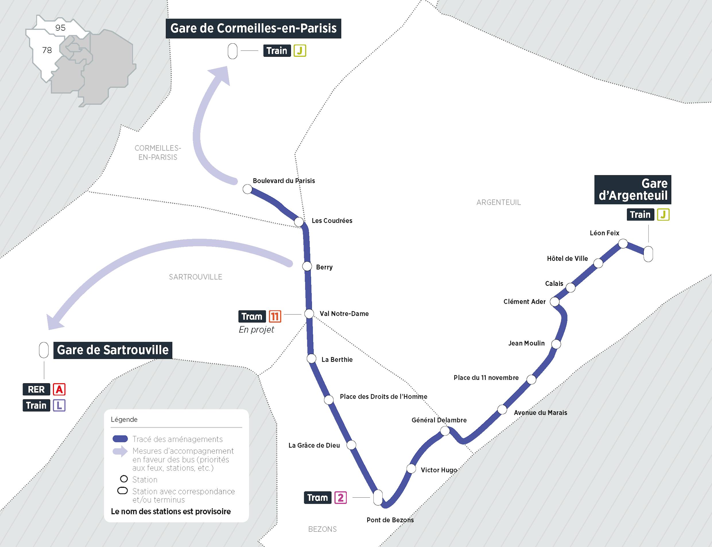 Plan du projet Bus ligne entre seine Aménagements dédiés au bus Argenteuil > Bezons > Sartrouville > Cormeilles