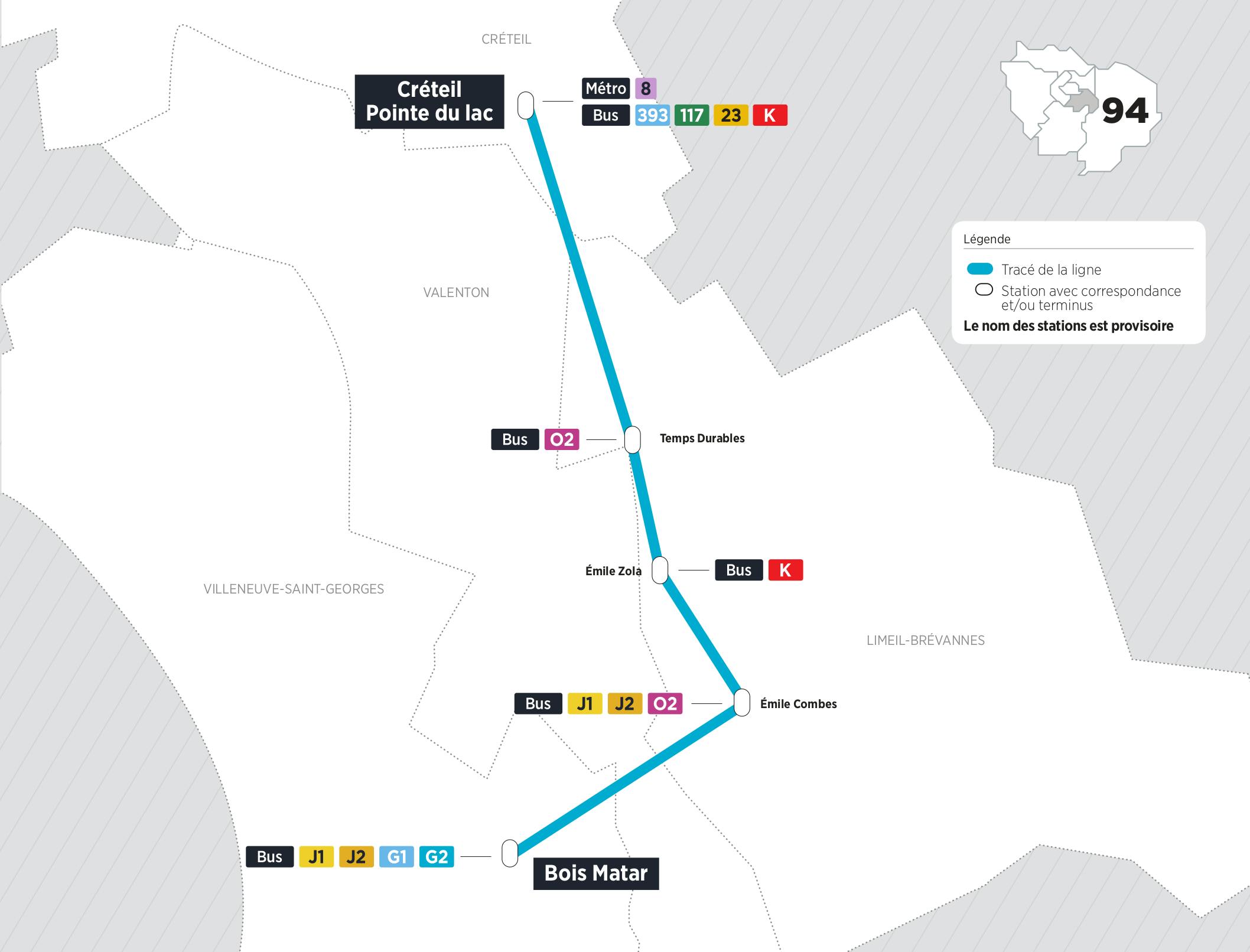 Plan du projet Câble ligne 1 Nouvelle ligne Créteil > Villeneuve-Saint-Georges