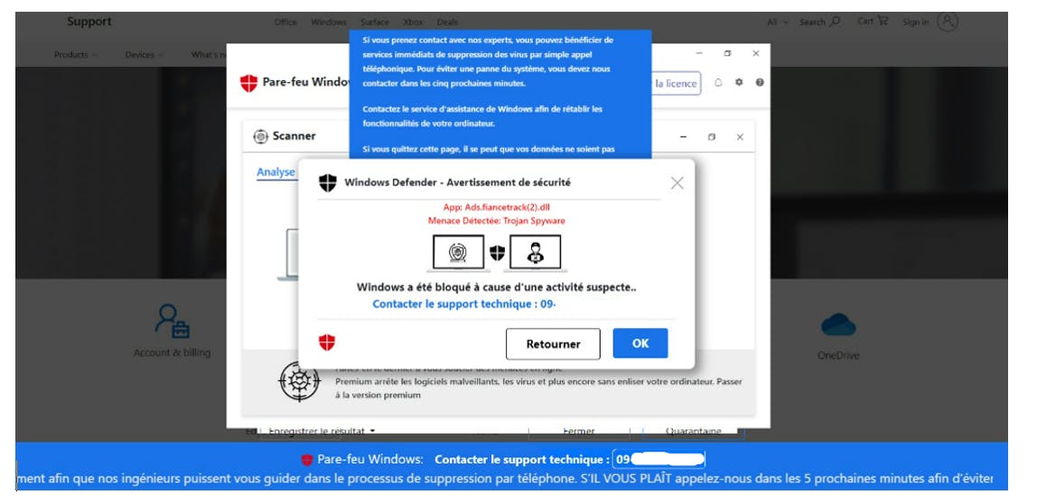 Exemple de fenêtre vous incitant à contacter un faux support technique