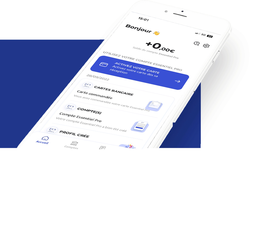 Accueil appli compte pro Essentiel : LCL professionnel