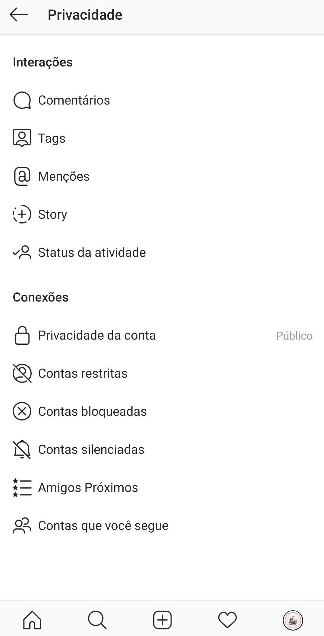 Opções de privacidade na conta do Instagram