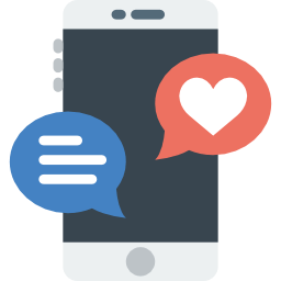 Celular com símbolos de mensagem e redes sociais.