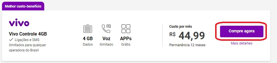 No plano escolhido, clicar em compre agora para acessar o Checkout da Vivo Móvel - Passo 2