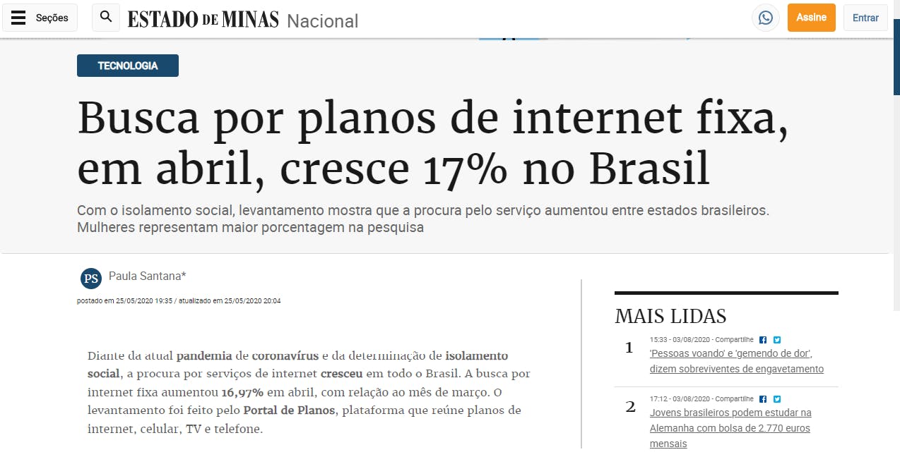 Captura de tela da reportagem do Estado de Minas em que Portal de Planos foi mencionado