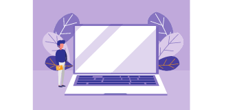 Ilustração de homem ao lado de notebook