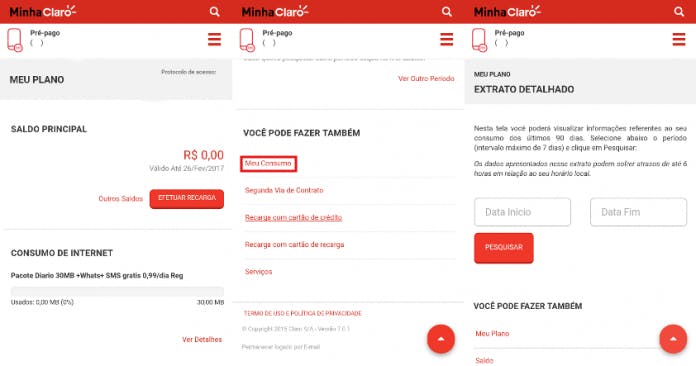 Extrato de consumo Claro detalhado