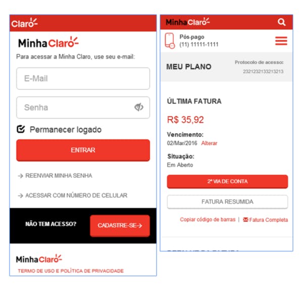 prints no aplicativo minha claro para 2 via