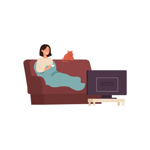 Ilustração de mulher deitada no sofá assistindo TV