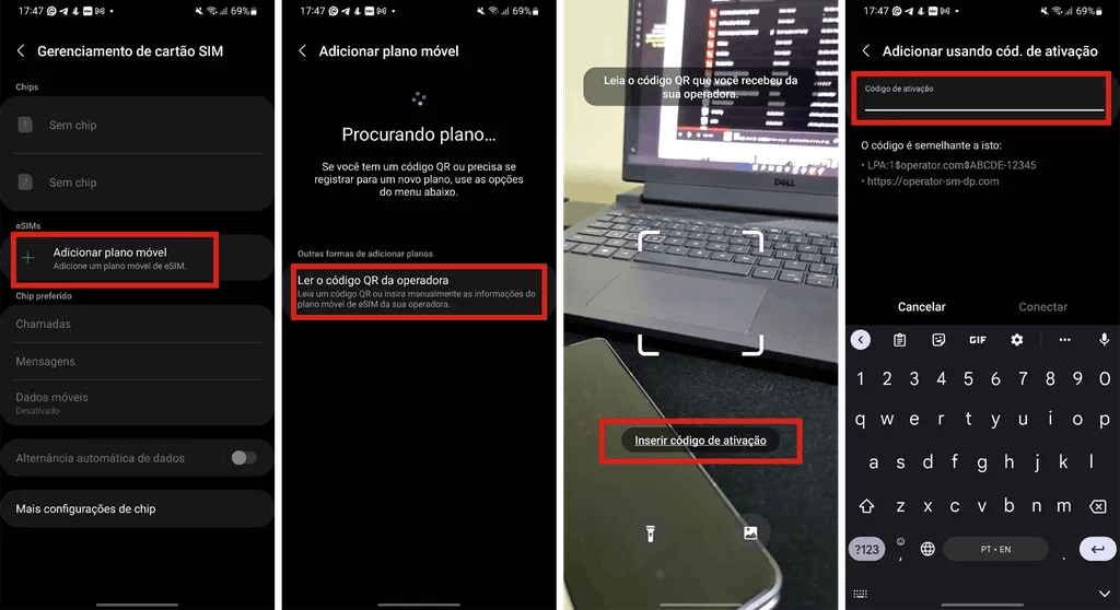 imagens detalhando a ativação do eSIM