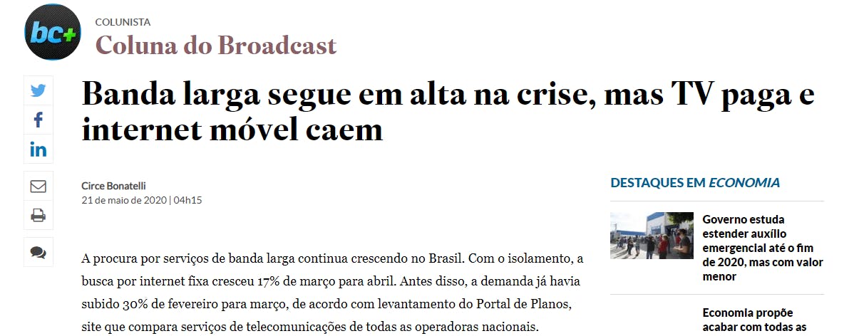 Captura de tela da reportagem do Estadão em que Portal de Planos foi mencionado
