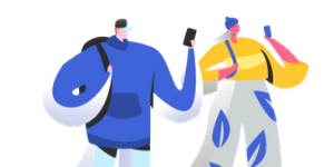 Ilustração de dois personagens utilizando celulares