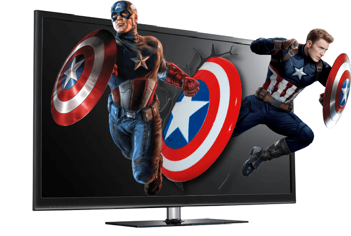 Tv com heróis saindo da tela