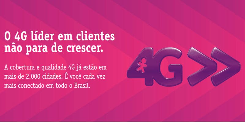 Título: O 4G líder em clientes não para de crescer. Legenda: A cobertura e qualidade 4G já estão em mais de 2.000 cidades. É você cada vez mais conectado em todo o Brasil