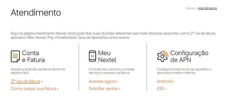 Tela de atendimento Nextel