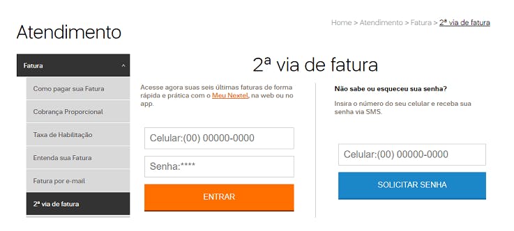 Envio da segunda via da fatura Nextel