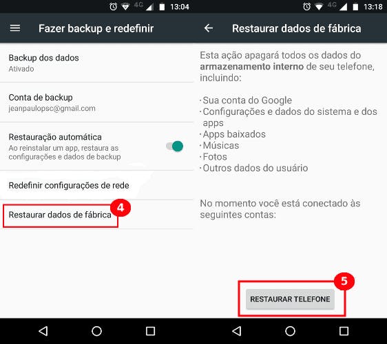 Rede indisponível - restaurar dados de fábrica