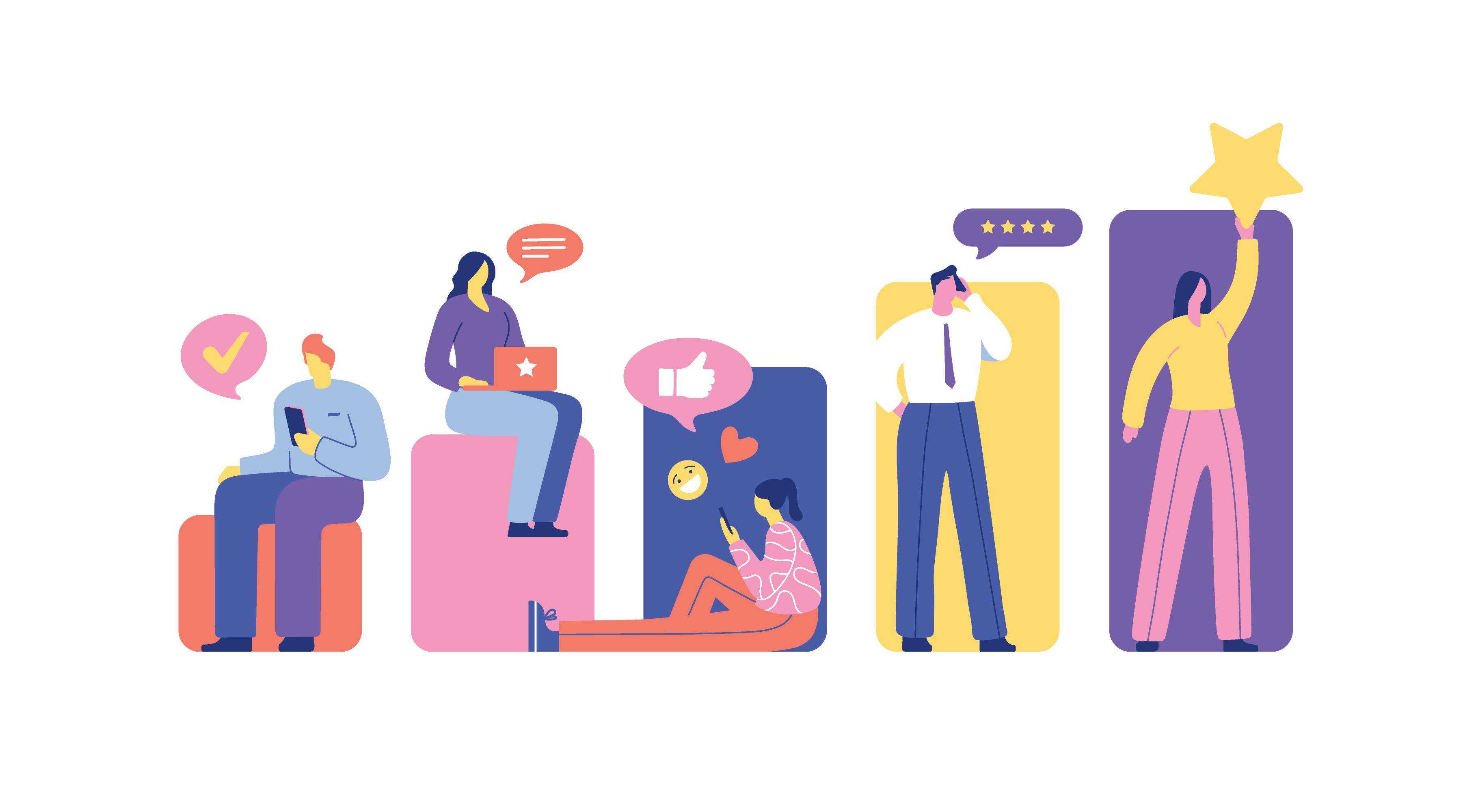 Ilustração de pessoas mexendo no celular