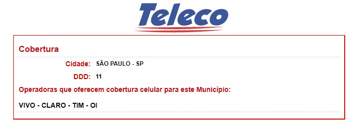 print de tela teleco para cobertura vivo com DDD, cidade e outras operadoras disponíveis
