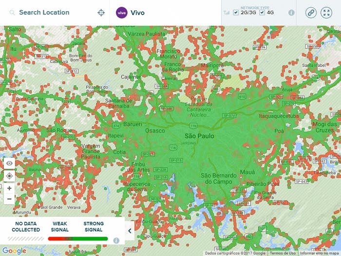 print de tela do mapa da OpenSignal cobertura vivo 2G, 3G e 4G