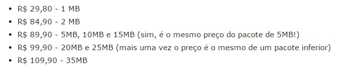 Tabela com preços da internet Oi