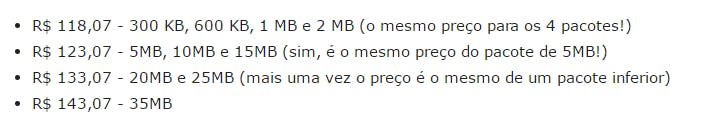 Tabela com preços e velocidades internet Oi
