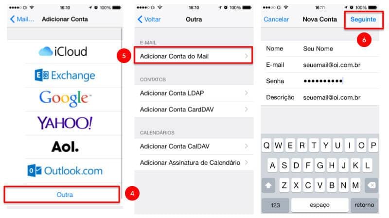 adicionar email em outros - adicionar conta do email e cadastrar as informações