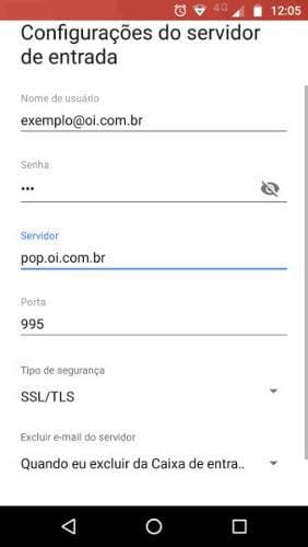 configurações do servidor de entrada