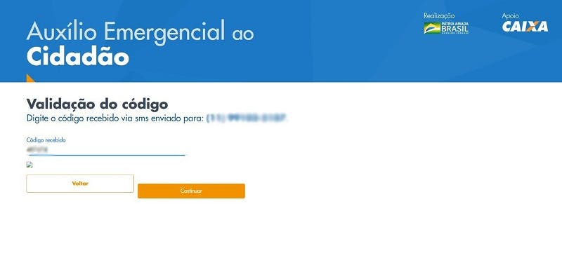 Preencha o campo com o código que recebeu via SMS