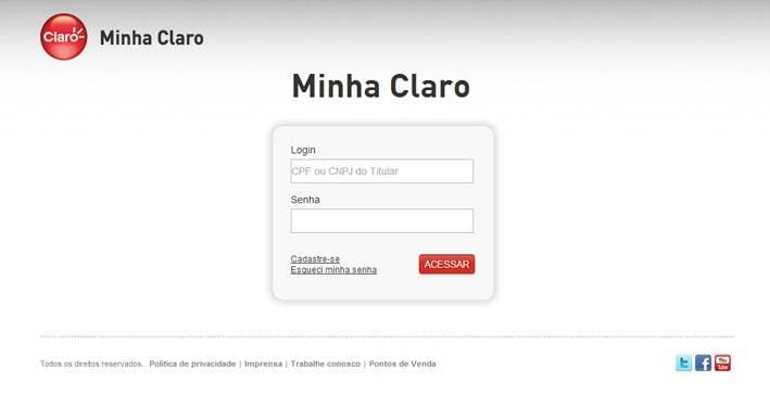 Tela de login Minha Claro