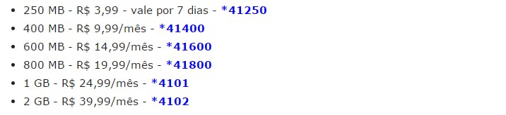 Tabela internet planos Oi