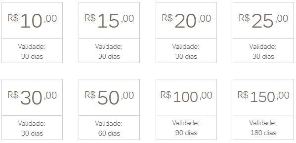 Tabela valores recarga